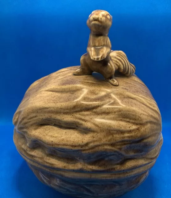 Vintage Ceramic Walnut Shaped Lidded Nut Dish Squirrel On Top
