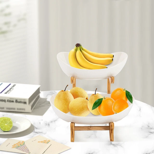 2-Layer Fruit Basket Bowl for Kitchen Countertop White Ceramic Vegetable Storage