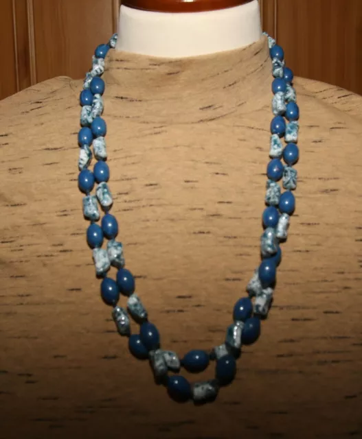 Long Blue Beads Necklace Chunky mid blue & light blue patterned Beads Vintage?