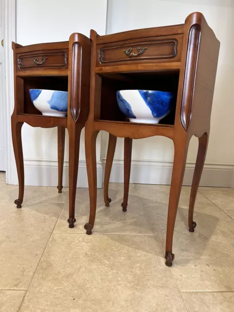 Pair Vintage French Cherrywood Single Drawer Bedside Tables Unit