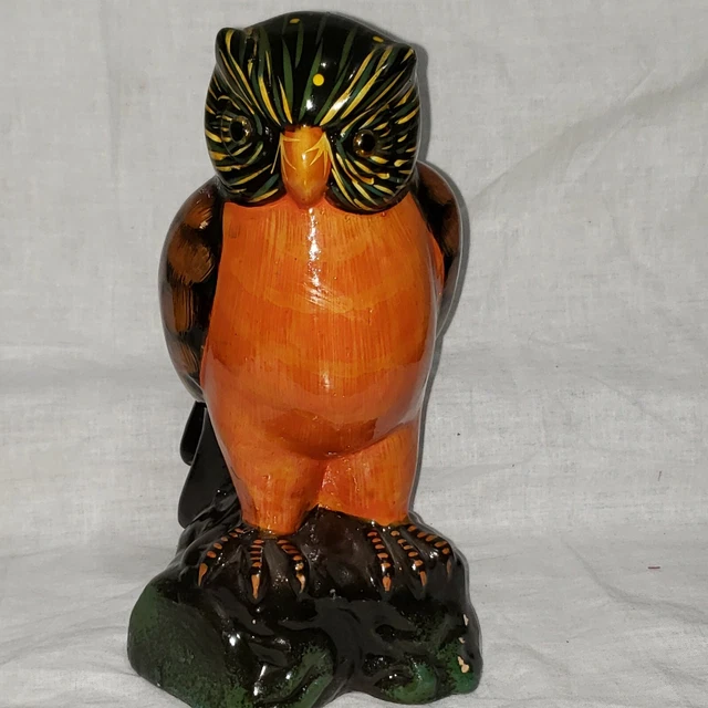 Vtg Ceramic Owl Figurine Bright Orange, black,green 7,5"H