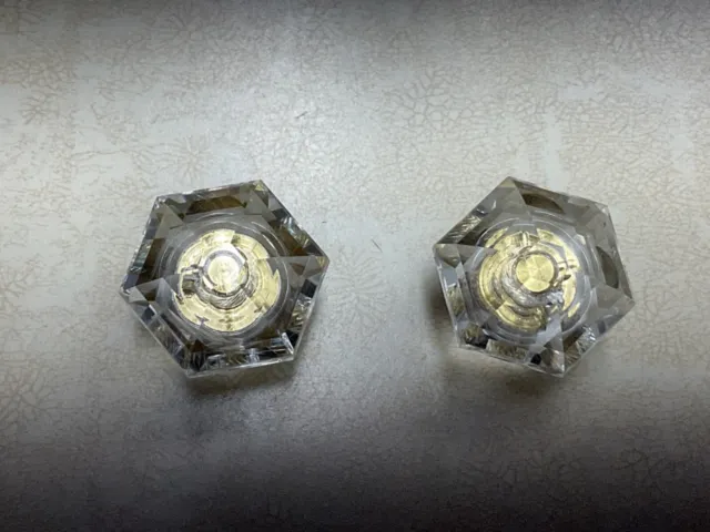 Vintage-(Set Of 2) Hexagon Clear Glass/Brass Cabinet~Drawer~Furniture Knobs