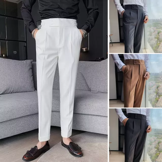 Pantalones De Negocios Delgados Con Hebilla Recta Y Cintura Alta Para Hombre <