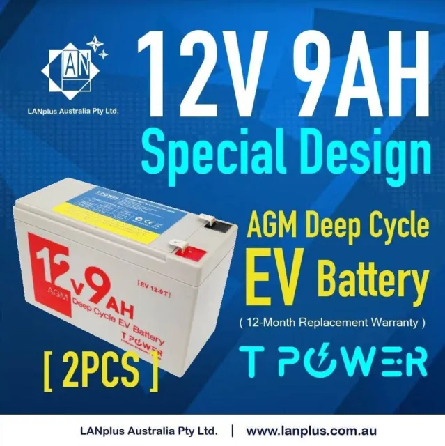 2x  Tpower 12V 9AH SLA AGM Rechargeable Battery 60CCA F Razor E200 E300S Scooter
