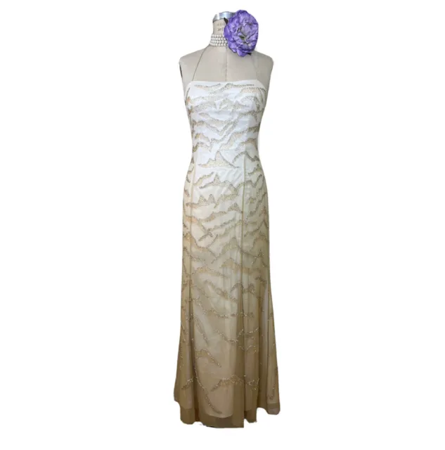 Bianca Sequined Formal Gold Dress L Maxi Backless Sheath SILK Beaded Ombre 1008