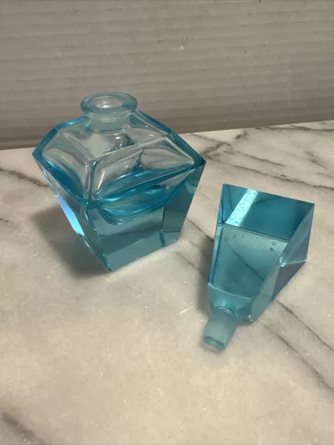 MCM Light Blue Glass Perfume Bottle Vanity Art Deco Style Glass Square Design 3