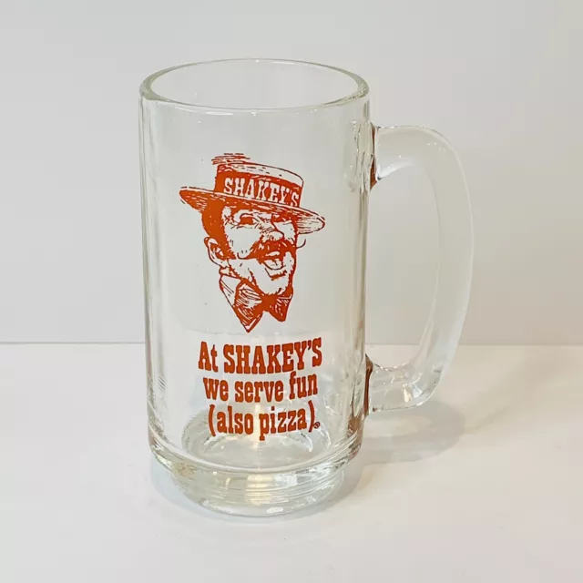 Vintage 80s Shakey’s Pizza Parlor Glass Mug We Serve Fun Red Logo