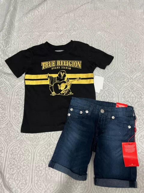 True Religion Little Boy Size 5 Black 2-Piece Graphic Tee & Denim Shorts Set NWT