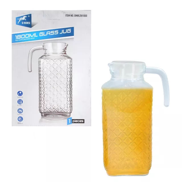 Glass Serving Pitcher Fridge Jug With Lid 1.8L Water Juice Cocktail Iced Tea