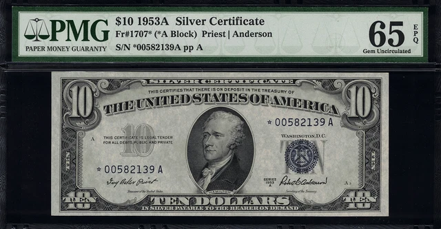 1953A $10 Silver Certificate FR-1707* - Star Note - Graded PMG 65 EPQ