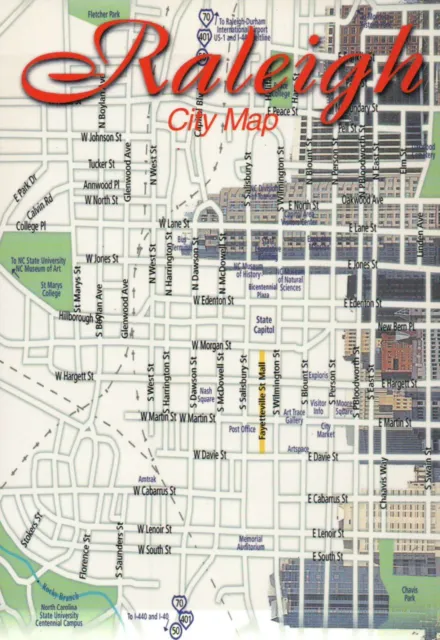 Raleigh City Map, North Carolina State Capitol, Fayetteville Street etc Postcard