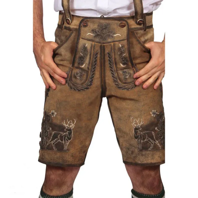 Pantaloni corti in vera pelle tradizionale in pelle ombreggiati marrone selvaggio pelle Oktoberfest