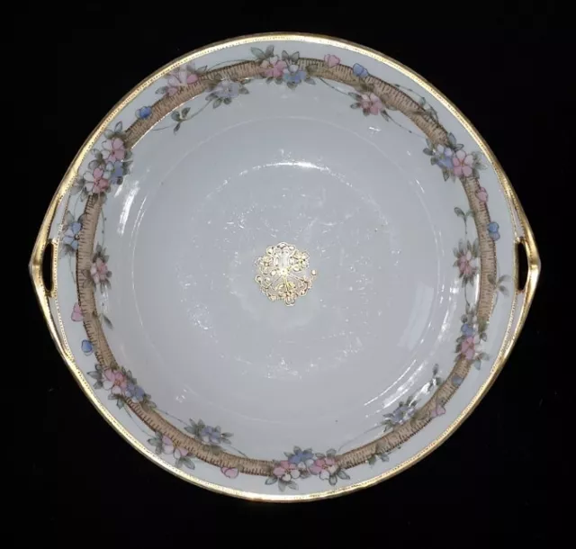 Nippon Noritake Large Handled Bowl - Pink & Blue Flowers - Gold Beading - Japan