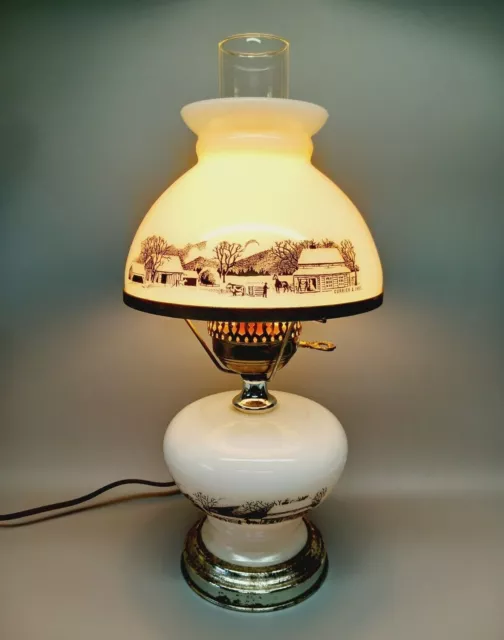 Vintage Currier & Ives Electric Oil Table Lamp Milk Glass Farm Depiction