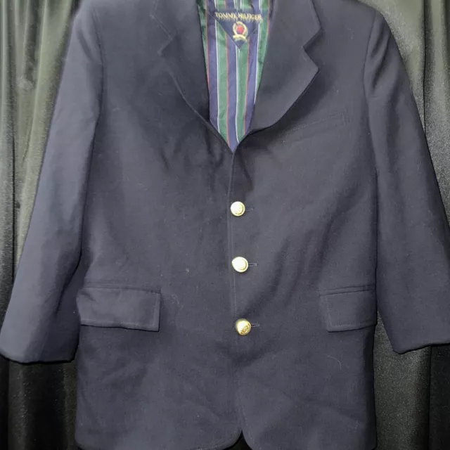 VTG Tommy Hilfiger Black Wool Blend 3 Gold Button Lined Suit Jacket Boys Sz 12