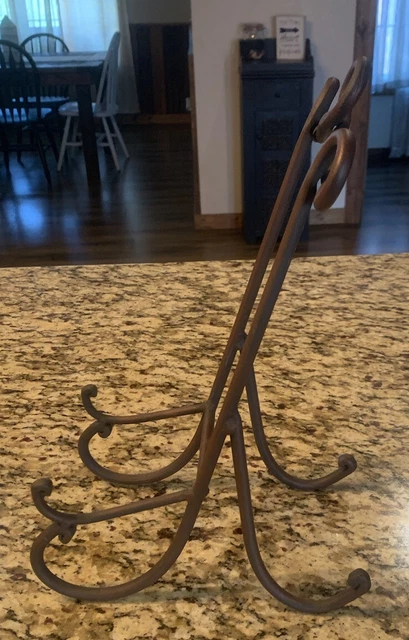 Wrought Iron Cookbook Stand Plate Stand Rust Color Scrolled 14.5” Tall