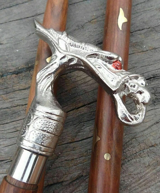 Poignée Tête De Dragon En Laiton Argent Canne En Bois Marron Canne De...