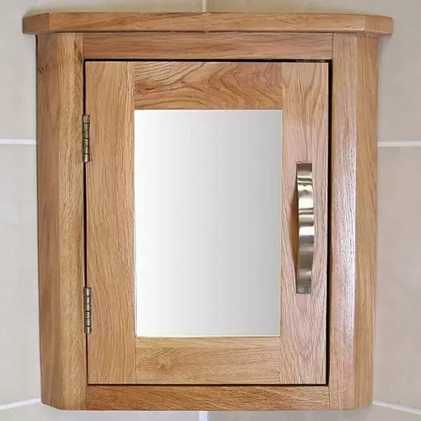 Oak Wall Mounted Mirrored Bathroom Corner Cabinet | Overhead Unit with Shelving 2