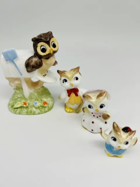 Maruri Masterpiece Owl Family Bone China  Figurines 4 Enesco Mailbox 1976 Small