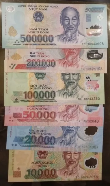 Set 6 Viet Nam UNC polymer banknote notes of 10000 10,000 -  200,000 500000 dong