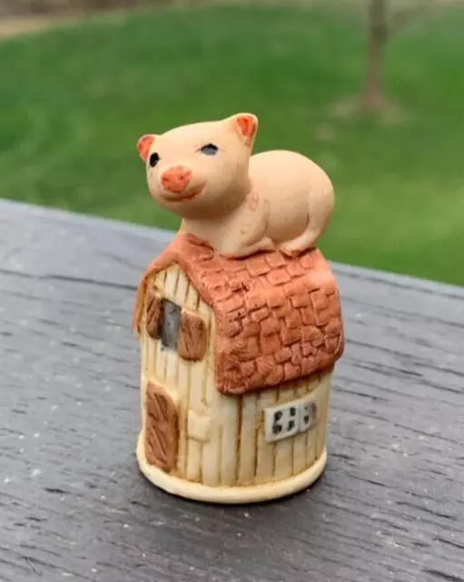 Vintage Enesco Bisque Thimble Pig or Piglet on a Barn Farmhouse Farm Country