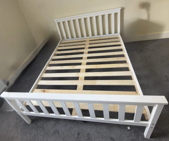 WHITE WOODEN DOUBLE Bed Frame with Headboard & Footboard, Slatted Base ...