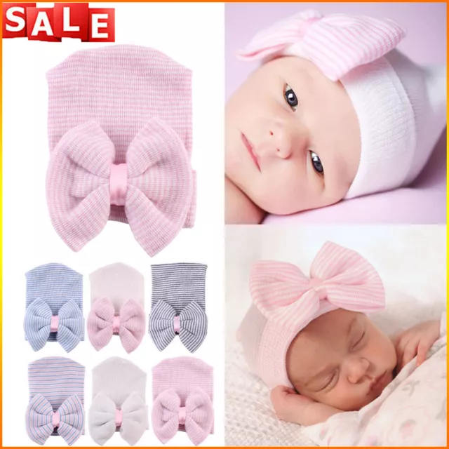 Newborn Baby Girls Infant Soft Hat Striped with Bow Cap Hospital Beanie Headband