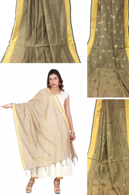 Beige Dupatta Indian Chunni Scarf Shawl Pakistani Gold Foil Print Chanderi