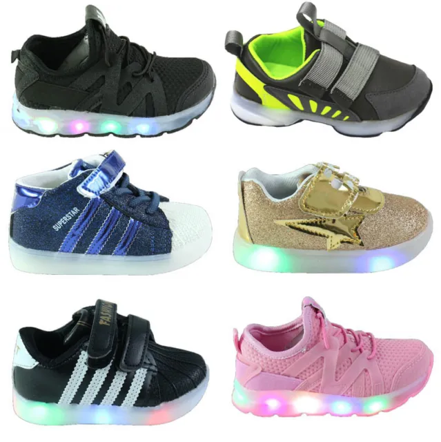 Toddler Kids Boys Girls Light Up Flashing LED Trainers Running Shoes Slip On UK