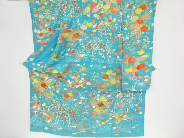 35941# Japanese Kimono / Antique Furisode / Embroidery / Rough Wave & Floral