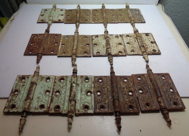 Pre 1900 6 Sets 12 Antique Metal Hinges 3 1/2 x 3 1/2 Inches 2 Different Designs