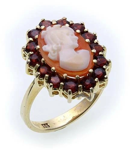 Bague Femme Réglable En Or 333 (8 Carats) Avec Grenat Et Camée Coquille - Neuf Avec étiquettes