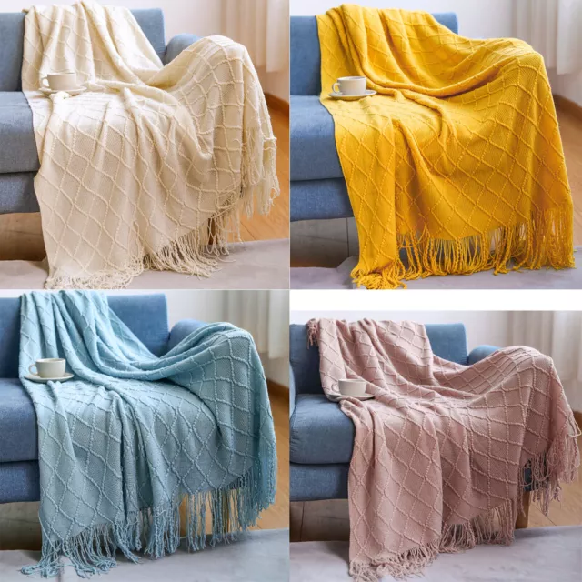 Large Knitted Throw Blanket Rug Sofa Bed Couch Fringe Soft Acrylic Blankets AU