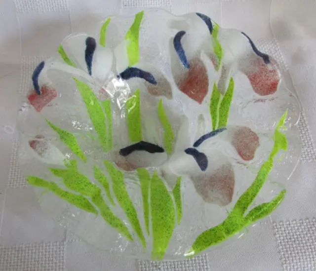 SYDENSTRICKER IRIS White & Lime Green 6.5" Fruit BOWL Fused Art Glass Very Early