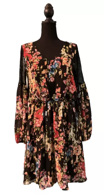 Betsey Johnson Long Sleeve Lace Insert Neckline Grommets Floral SZ 6 Dress Boho