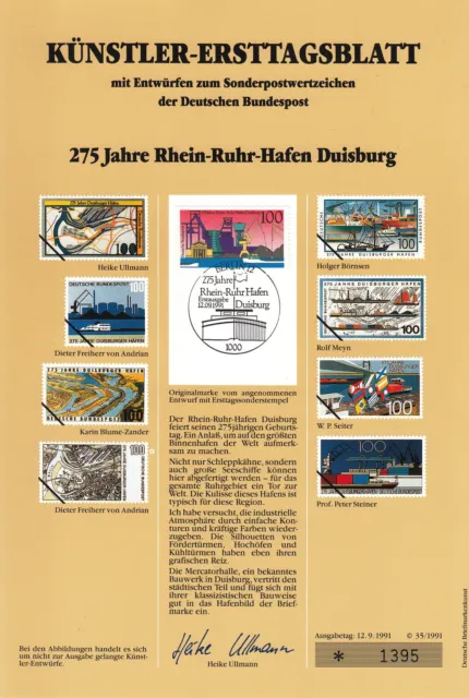 Künstler-Ersttagsblatt  1991/35   275 Jahre Rhein - Ruhr Hafen Duisburg   Brd