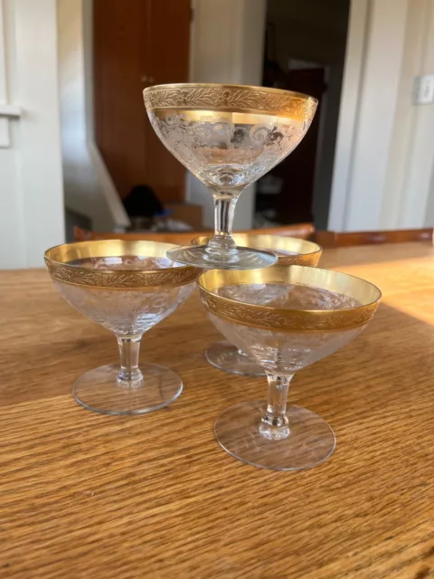 4  Tiffin Franciscan Melrose low champagne / sherbet glasses etched gold rim