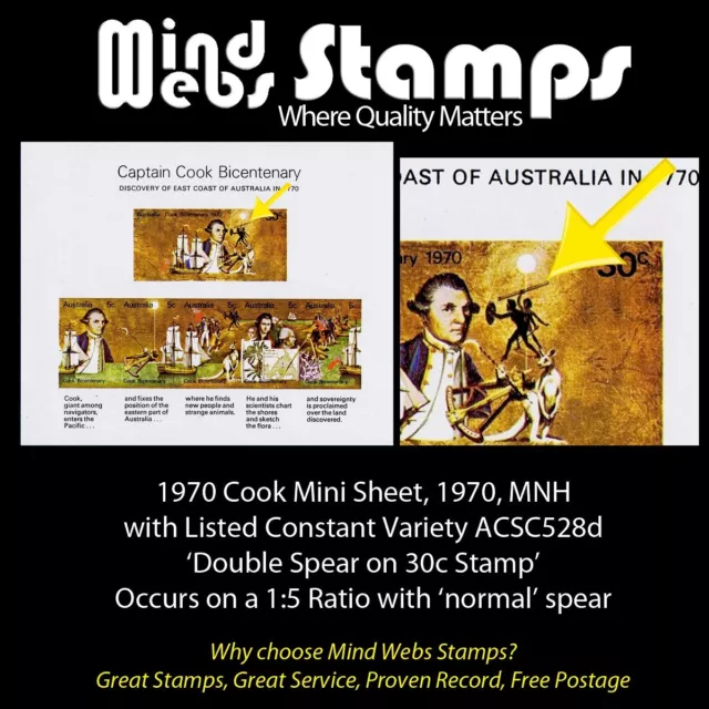 #MS1a) Australian Mini Sheets 1970 Captain Cook 'Double Spear' Variety ACSC528d