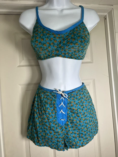 Vintage 60’s GoGO Mod 2 Piece Bullet Bra Top & Shorts Corduroy Bikini Swimsuit