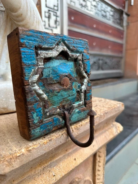 Ancient Old Wooden Hand Craved Blue Paint Floral Hanger Hook Wall Hanging Hook