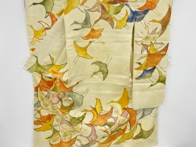 84931# Japanese Kimono / Antique Furisode / Kinsai / Embroidery / Wild Goose