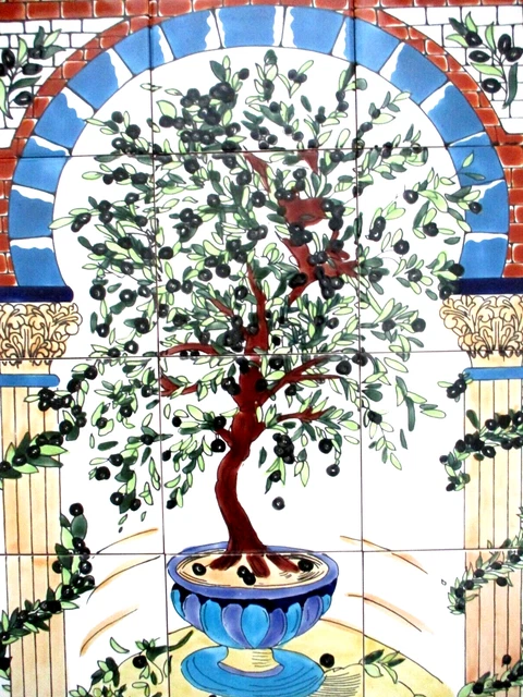 Hand Painted Ceramic tile art Mosaic wall mural Olive Tree BACKSPLASH  18" x 24"