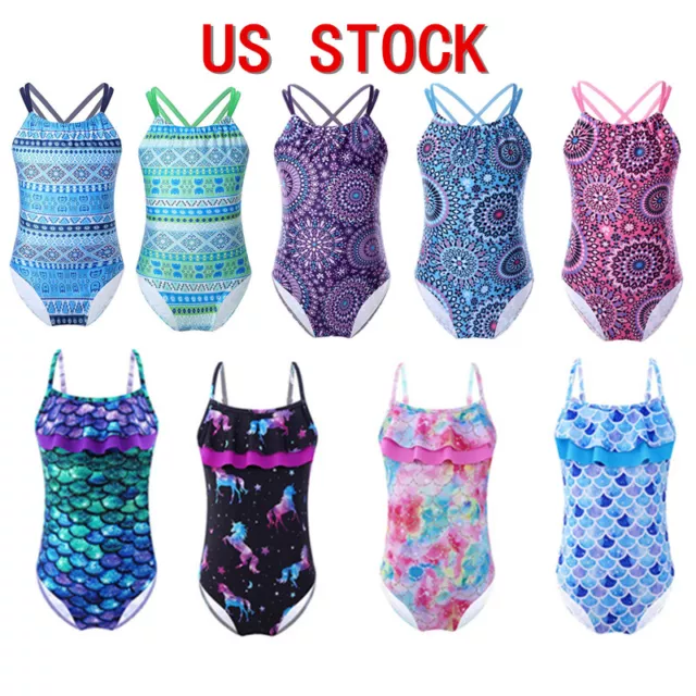 US Kids Girls One Piece Swimsuit Mermaid Beach Swimwear Ruffle Bathing Suit