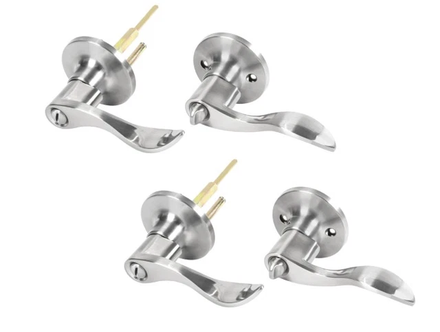 2 Pack Privacy Door Lever Reversible Handle Set For Bed, Bathroom - Satin Nickel