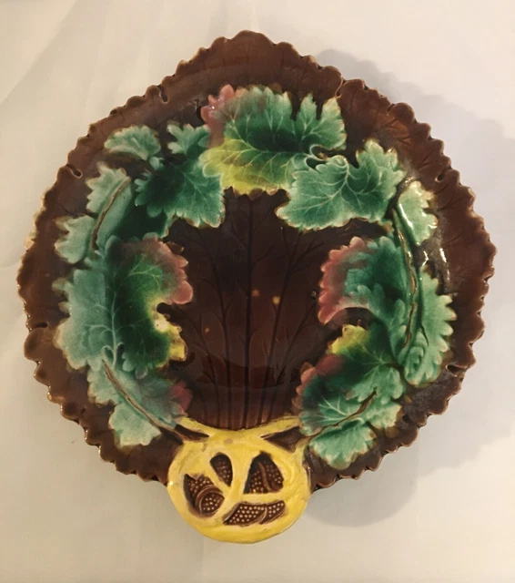 Antique English Majolica Leaf Shaped Plate Yellow/Green/Pink/Brown Glaze 1850’s