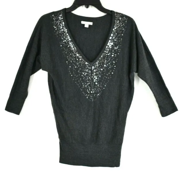 New York & Company Womens V Neck Sequin Sweater Stretch Hem Long Sleeve Sz XS