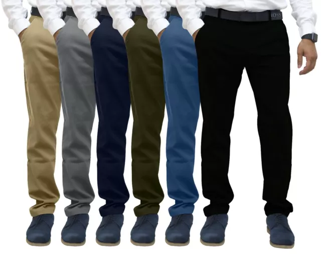 Mens Regular Fit Chino Trousers Stretch Casual Cotton Flat Front Flex Full Pants