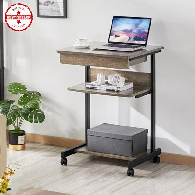 2 Tier Rolling Computer Desk Study Writing Work Table Printer Shelf Home Office