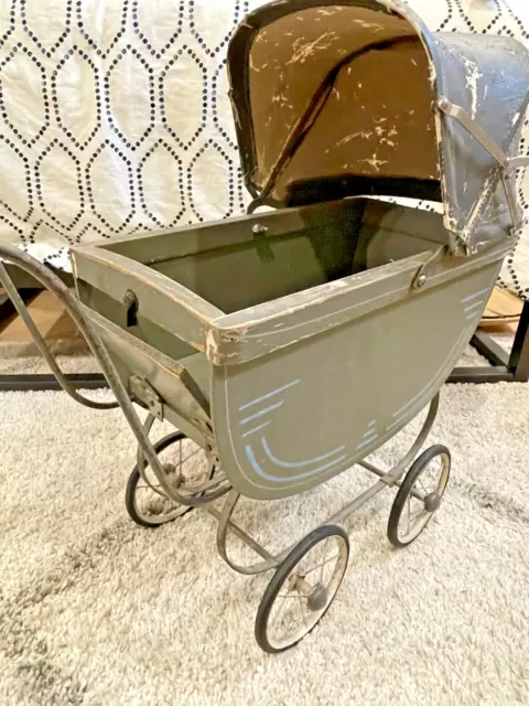 Antique Victorian Green Wood Baby Doll Carriage Buggy Stroller w/ Canopy & Hutch