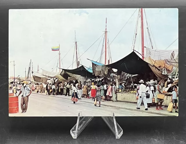 Vintage DEMUCOLOR Postcard Floating Market Curacao Caribbean Van Dorp UNPOSTED